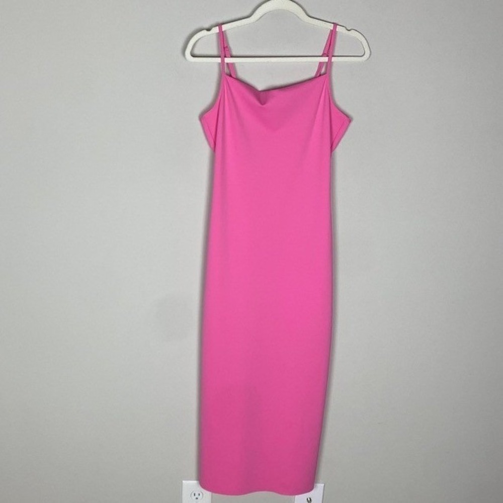 Good American Scuba Spaghetti Midi Slip Dress Pink Barbie Stretchy Square Neck